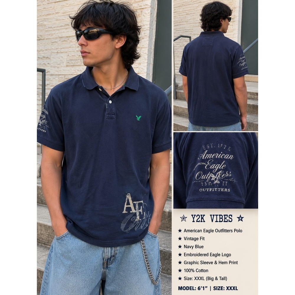 American Eagle Outfitters Polo Shirt Mens XXL Navy Blue Graphic Logo Y2K